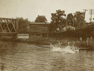 Boys Swimming Splash near Railroad Bridge Vintage Photograph Livery Moving Sign 2