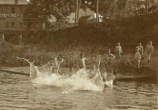 Boys Swimming Splash near Railroad Bridge Vintage Photograph Livery Moving Sign 3