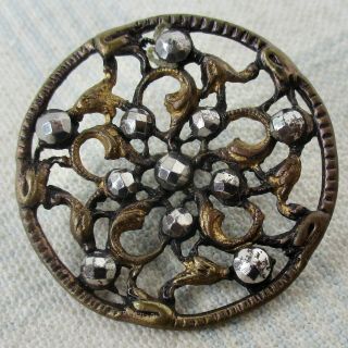 1 1/4 " Antique Stamped And Pierced Brass Button W Riveted Cut Steels