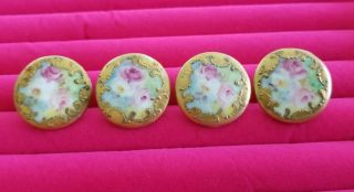 Antique Victorian Hand - Painted Porcelain Stud Buttons Set Of 4 Buttons Pink Gold