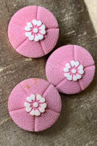 Set 3 Antique Buffed Celluloid Domed Buttons Pink/cream Flower 3/4 " D Self Shank