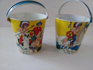 2 Vintage 1940s Sand Pail Indians And Cowboys On Horses By Ohio Art