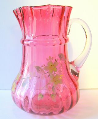 Vintage Fenton Cranberry Glass Pitcher With Enameled Flower Design,  9 1/4 "