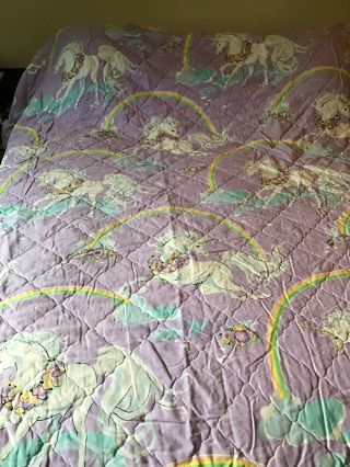 1980’s Vintage Purple Unicorn Bedspread Twin Size And 2 Pair Curtain Tiebacks