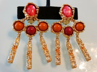 Vtg 80s Givenchy Paris 2.  8 " Gold Nugget Pink Coral Drop Etruscan Runway Earrings