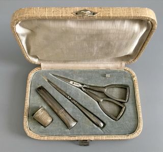 Antique French Solid Silver Sewing Set Scissors Thimble Needle Case Hallmarked