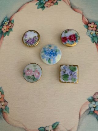 5 Antique Vintage Hand Painted Porcelain China Stud Buttons Florals