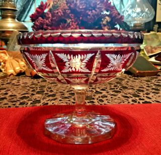 Vintage Bohemian Val Saint Lambert Ruby Red Cut To Clear Pedestal Dish