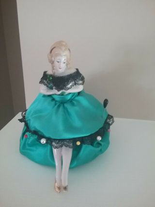 Porcelain Antique Vintage Half Doll Pin Cushion With Legs 6 1/2  Tall