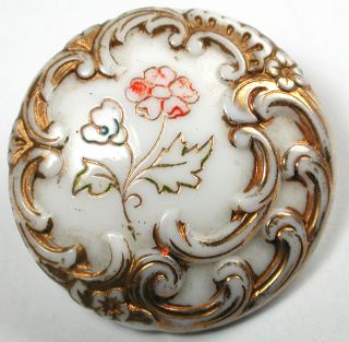 Med Antique Victorian Glass Button White Flower W/ Paint Accents - 1 & 1/16 "