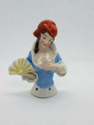 Antique German Porcelain Half 1/2 Doll W/hat & Holding A Fan