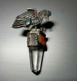 Vintage 950 Sterling Aztec Mayan Bird God Pendant W/turquoise Coral Inlay