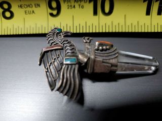 Vintage 950 Sterling Aztec Mayan Bird God Pendant w/Turquoise Coral inlay 2