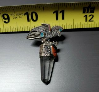 Vintage 950 Sterling Aztec Mayan Bird God Pendant w/Turquoise Coral inlay 3
