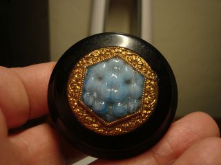 Antique Blue Floral High Relief Glass Coat/cape Style Button
