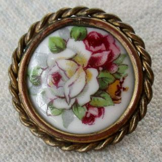 13/16 " Antique Hand Painted Porcelain Set In Brass Flower Button