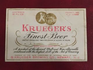 Krueger’s Beer U - Permit Label.  1930’s Jersey (baldy)