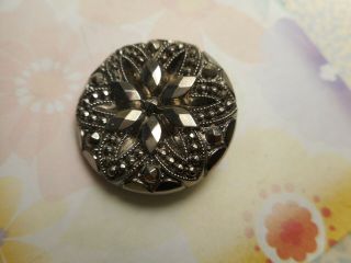 Vintage Button Black Glass Silver Luster Flower Star Design 1 - 1/16 " Rs Bge Orig