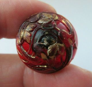 Gorgeous Antique Vtg Victorian Ruby Red Glass Button W/ Gold Luster 1 " (h)