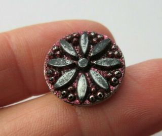 Stunning Antique Vtg Victorian Black Glass Button Silver Luster Red Wash (o)