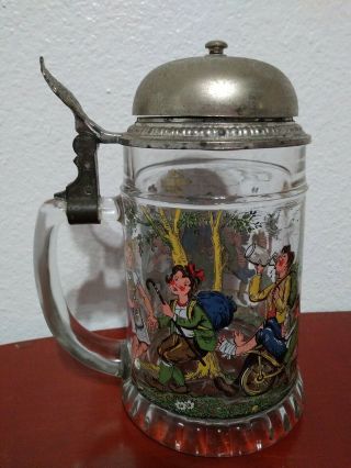 Antique German Made Glass Beer Stein Mug Cup Push Button Bell Top Glass Stein
