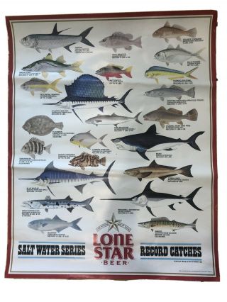 1982 Lone Star Beer Texas Salt Water Fish Poster Sign Fishing Record Catch Limit