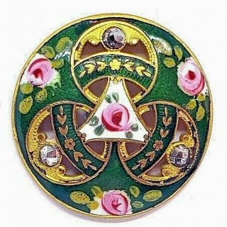 Antique Button…beautiful Pierced Green Enamel W Cut Steels & Pink Roses,  1&1/16 "