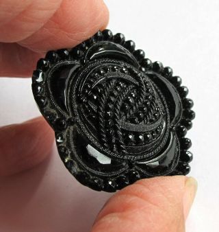 Stunning Lg 1 7/16 " Antique Black Glass Button 5 Petal Flower Shape High Relief