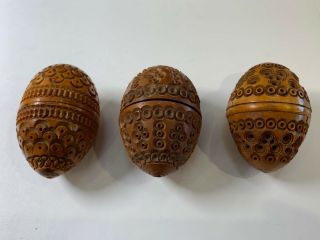 3 Antique Victorian Treen Wood Carved Egg Form Etui Thimble Holders Sewing Eggs