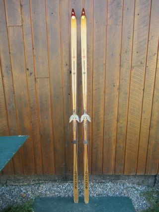 Old Vintage Wooden 82 " Snow Skis Has Brown Finish And Bindings