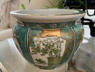 Vintage Gold Imari Turquoise Porcelain Planter Pot Bowl Hand Painted