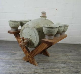Vintage Studio Stoneware Spirit Barrel With Wooden Stand & Cups.