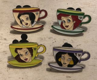 Disney Trader Pin Set Of 4 Princess Tea Cups Ariel Snow White Jasmine Belle