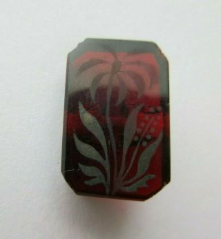 Stunning Antique Vtg Victorian Ruby Red Glass Button Acid Etched Flower (p)