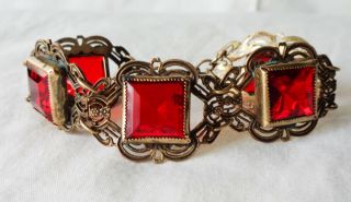 Rare Vtg Art Deco Edwardian Czech Faceted Red Glass & Brass Filigree Bracelet