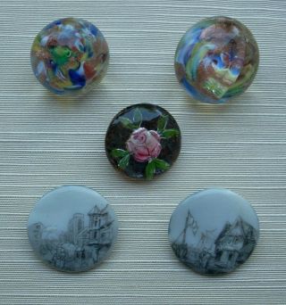 3 Antique 19th Century Glass Paperweight Buttons,  Plus Two Bonus Buttons