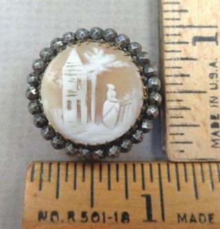 Woman At Tree Antique Button,  1800s Carved Cameo / Conch Shell,  Cut Steel Studs