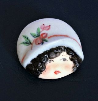 Ceramic Realistic Jasperware Girl Wearing Hat Button - Backmk " Shirley "