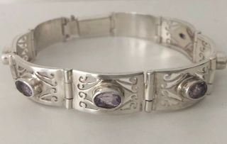 Vintage Stunning Sterling Silver 925 Amethyst Filigree Bar Link Bracelet 7”