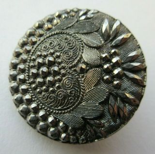 Stunning Antique Vtg Victorian Black Glass Button Silver Luster Lacy Design (t)