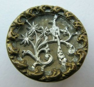 Outstanding Antique Vtg Victorian Metal Picture Button W/ Peacock Bird 1 " (c)