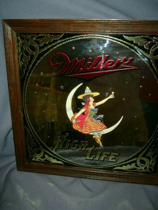 Vtg 1979 Witch Girl On Moon Miller High Life Beer Mirror Bar Sign Wood Frame
