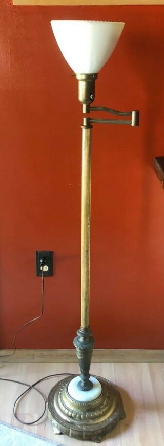 Vintage Torchiere Floor Lamp Gilded Marble Brass Swing Arm Milk Glass Shade