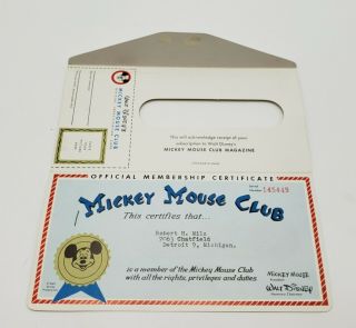Vtg Mickey Mouse Club Membership Certificate W/ Envelope Intact Vg,