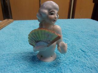 Vintage Half Doll Pin Cushion Arms Up Tight Holding Fan Covering Breasts Germany