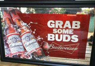 Vtg Grab Some Buds Budweiser Beer Mirror Sign Bar Anheuser Busch Bud Xlg 34”