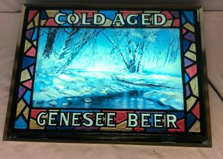 Vintage Genesee Beer Faux Stained Glass Design Plastic Light Up Sign 15 " X 19 "