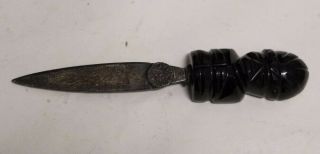 Vintage Mexican Obsidian Carved Stone Aztec Letter Opener W/ Sterling Blade,  7 "
