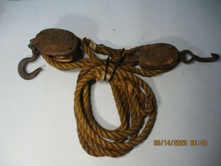 Vintage Wooden Block & Tackle With 5/8 Inch Rope
