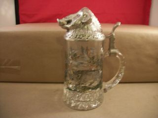 Vintage Glass Beer Stein With Pewter Boar 